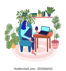 Woman sitting in cozy living room with a glass of wine in hand and in front of laptop. Cute home interior with houseplants. Palm, monstera, cactus, succulent. Woman with laptop working home. Online.