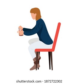 Woman sitting with cozy winter symbols flat recolor vector illustration