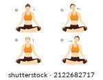 Woman is sitting cross legged and doing Neck Rolls to stretch neck muscles. Illustration about relaxing body for reduces pain.