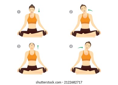 Woman is sitting cross legged and doing Neck Rolls to stretch neck muscles. Illustration about relaxing body for reduces pain.