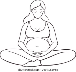 A woman is sitting cross legged with her hands on her stomach. She is pregnant and she is in a relaxed state