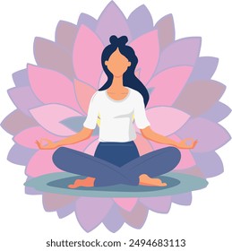 A woman is sitting cross legged in a lotus position. She is surrounded by pink flowers