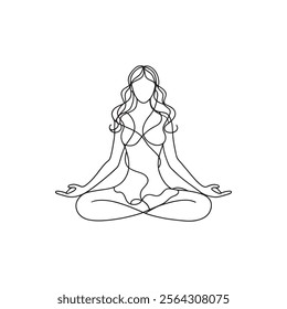 Woman sitting cross legged meditating Continuous line art flat vector illustration on white background