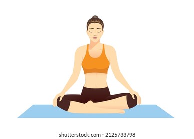 Woman is sitting cross legged on a yoga mat for meditation. Illustration about relaxing the body and doing concentration.