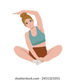 Woman sitting cross legged on the floor and doing stretching. Flat Vector Illustration Isolated on White Background