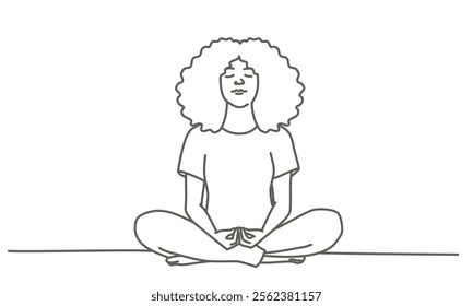 Woman is sitting cross legged on the floor with her hands on her knees. She is smiling and she is in a relaxed state. Hand drawn vector illustration. Black and white.