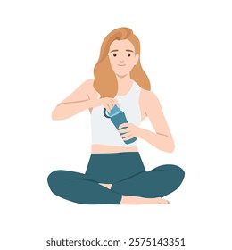 Woman sitting cross legged in a sporty outfit, opening a water bottle. Flat vector illustration isolated on white background