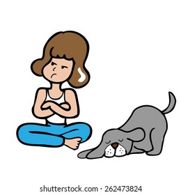 Woman sitting cross legs with lazy dog