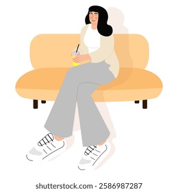 woman sitting with crossed legs and drinking cocktail, flat style vector illustration