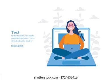 Woman sitting with crossed legs, on laptop at work place. Vector illustration for web banner, infographics, mobile. meditation.