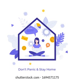 Woman sitting with crossed legs and working on laptop inside house. Don't Panic and Stay Home concept. Self-isolation during virus pandemic, COVID-19 spread prevention measure.Flat vector illustration