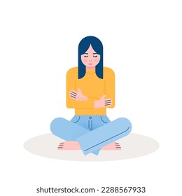 Woman sitting cross-legged hugging herself. Concept of anxiety, depression, loneliness, mental health. Vector illustration, flat design