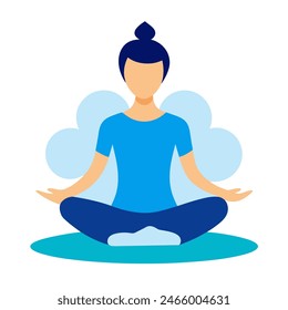 A woman is sitting crosslegged in a lotus position, engaged in a yoga pose