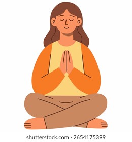 Woman sitting cross-legged and meditating with eyes closed and palms together. Simple cozy hand-drawn style with warm colors on a white background for wellness or lifestyle themes.