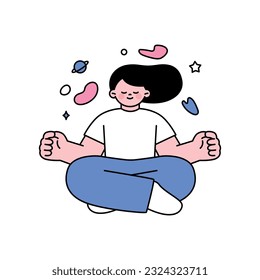 A woman is sitting cross-legged and meditating. outline simple vector illustration.