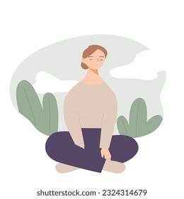 A woman is sitting cross-legged and meditating. simple vector illustration.