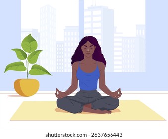 Woman sitting cross-legged in meditation pose on a mat indoors, stylized graphic style, with large window showing cityscape in background. Concept of mindfulness. Vector illustration