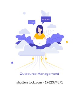 Woman sitting cross-legged on cloud and working on laptop computer. Concept of professional outsourcing, outsourced management function or operation.Modern flat colorful vector illustration for banner