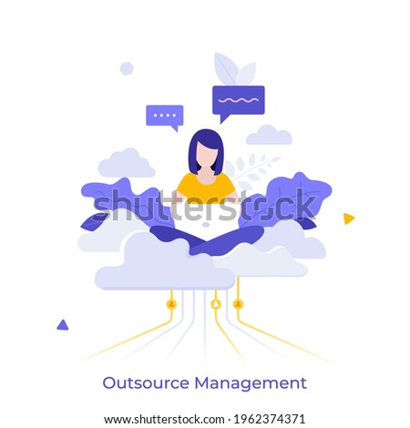Woman sitting cross-legged on cloud and working on laptop computer. Concept of professional outsourcing, outsourced management function or operation.Modern flat colorful vector illustration for banner