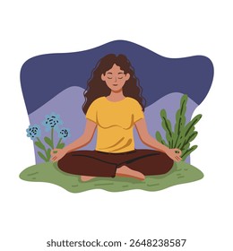 Woman sitting in cross-legged position with eyes closed is meditating outside on grass with blue flowers and green plants in the background in a calming and peaceful atmosphere