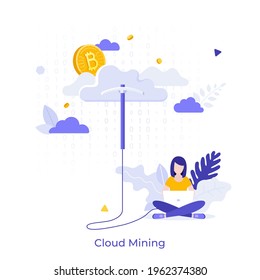 Woman sitting cross-legged and using laptop computer connected to Bitcoin by wire with pickaxe. Concept of cryptocurrency mining cloud services. Modern flat colorful vector illustration for poster.