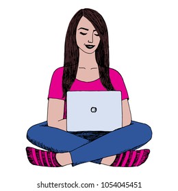 Woman sitting cross-legged and working on laptop. Creative job. Freelance. Internet chatting. Hand drawn vector sketch. White background