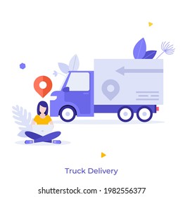 Woman sitting cross-legged, working on laptop computer, location mark and van. Concept of truck delivery, automobile transportation, express shipping and logistics. Modern flat vector illustration.