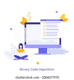 Femme assise sur des pattes croisées et travaillant sur un ordinateur portable, un écran d'ordinateur, zéro et un symbole. Concept d'algorithme de code binaire, encodage de données, développement logiciel. Illustration vectorielle à plat pour la bannière.