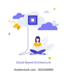 Mujer sentada de piernas cruzadas y trabajando en un ordenador portátil conectado al microchip. Concepto de arquitectura basada en nube para almacenamiento de datos e informática. Ilustración vectorial plana moderna para afiche, pancarta
