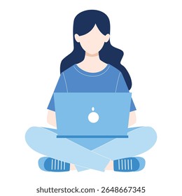 Woman sitting cross-legged working on laptop illustration