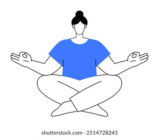 Woman sitting cross-legged in a yoga pose, meditating with hands in a mudra gesture. Ideal for meditation, wellness, mindfulness, yoga, relaxation themes. Simple line style.