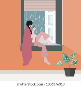 Woman Sitting With A Cup Coffee At Home Near Window, Cute Cartoon Outline Design Illustration. It's Raining Outside.