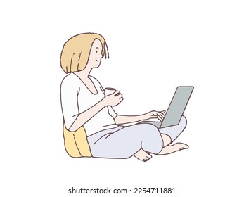 Woman sitting with cup of tea and laptop sofa simple korean style illustration