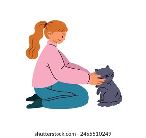 Woman sitting with cute cat. Pet owner. Human and feline animals friendship. Flat cartoon style vector illustration isolated on white background