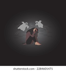 Woman sitting in the dark room haunted by distracted mind. Fatigue, sadness, mentally down girls vector illustration