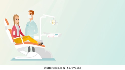 Woman is sitting in a dental chair while a dentist is standing nearby. Doctor and patient in the dental clinic. Patient at a reception at a dentist. Vector flat design illustration. Horizontal layout.