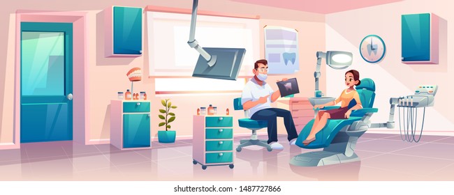 Woman sitting in dentist chair, listening doctors explanations about x-ray results while having appointment in modern, well equipped dentist clinic or stomatology cabinet cartoon vector illustration