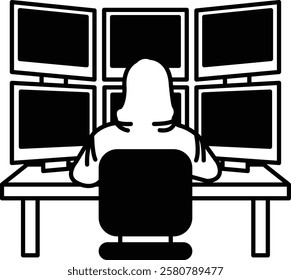 A woman is sitting at a desk with a computer monitor in front of her. She is focused on her work and she is in a serious mood