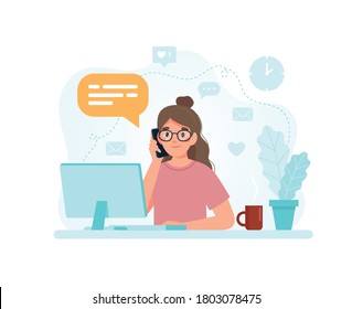 Woman sitting at a desk with computer responding to a call. Vector illustration in flat style