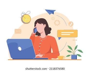 Woman sitting at a desk with computer responding to a call. Customer support, call crnter, hot line. Self-employed people work in comfortable conditionsVector illustration in flat style