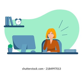 Woman sitting at desk with computer responding to a call. Character design. Vector illustration in flat style.