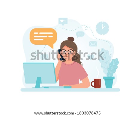 Woman sitting at a desk with computer responding to a call. Vector illustration in flat style