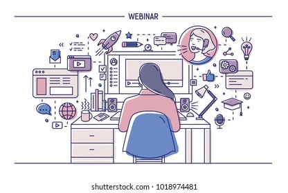 Woman sitting at desk with computer surrounded by web symbols and pictograms and watching or listening to webinar, online lecture or internet lesson. Colored vector illustration in line art style.