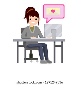 Woman sitting at Desk with computer and typing e-mail with love message. Valentine day and  envelope with pink heart. Long-distance relationships. Romantic girl with monitor. Cartoon flat illustration