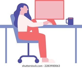 Woman sitting at desk with computer. Vector illustration in flat style.