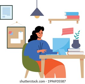 Una mujer está sentada en un escritorio con un ordenador. La mujer está trabajando. Mi profesión es profesora, programadora, ingeniera, gerente. Estudiante, trabajador de oficina