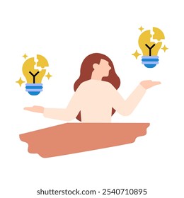 Uma mulher sentada em uma mesa, contemplando entre uma lâmpada inteira e uma quebrada. A imagem sugere o processo de gerar novas ideias e superar desafios