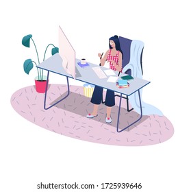 Woman in  sitting at the desk, drinking tea, studying or working at home. Online learning concept. Enjoy self-isolation, stay in your cozy home. Flat vector illustration.