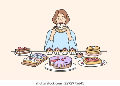 Woman sitting at desk eating many desserts and cakes. Unhappy girl overeating sweet cupcakes and sugar food. Gluttony and overeating. Vector illustration. 