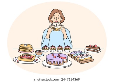 Woman sitting at desk eating many desserts and cakes. Unhappy girl overeating sweet cupcakes and sugar food. Gluttony and overeating. Vector illustration.